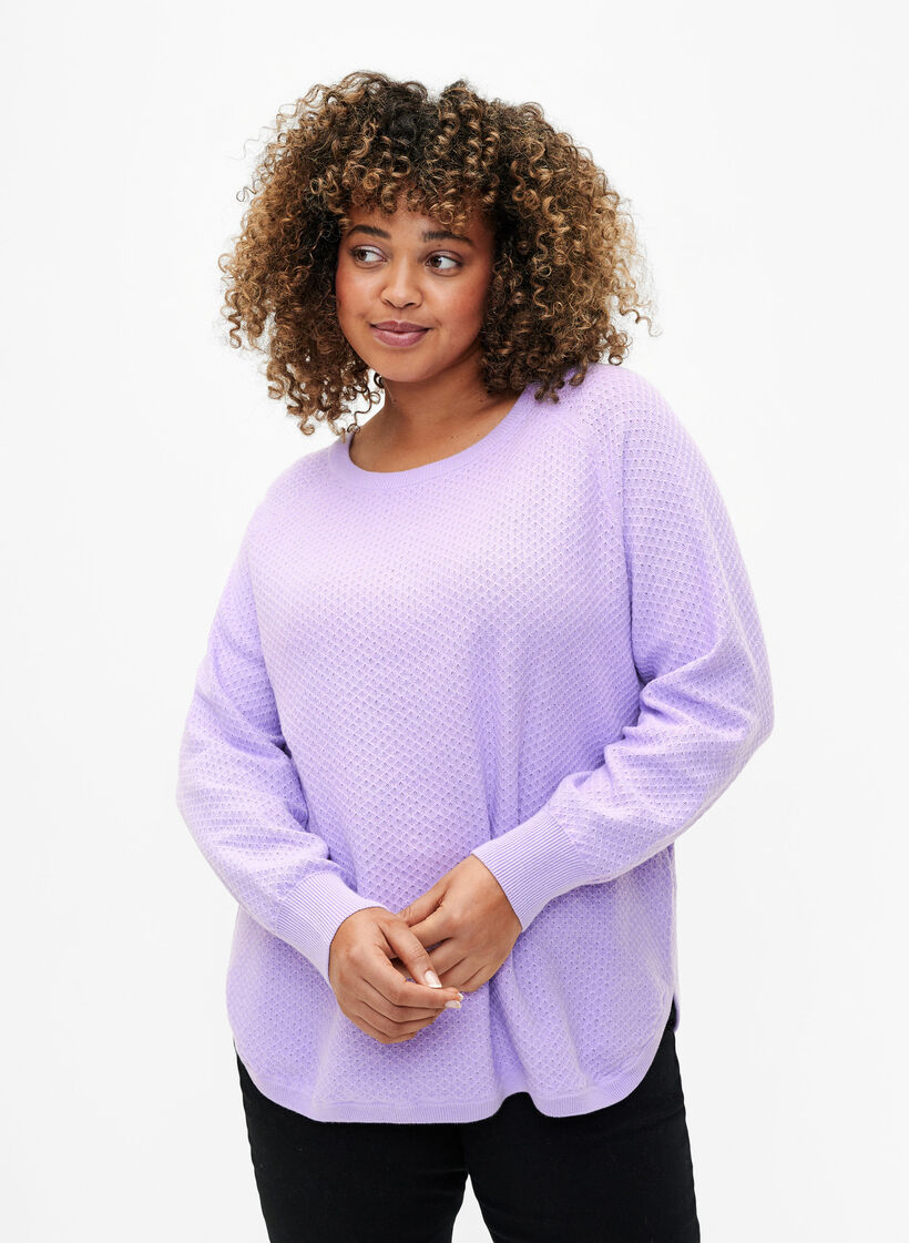 Pull en coton biologique avec motif texturé., Lavender, Model image number 0