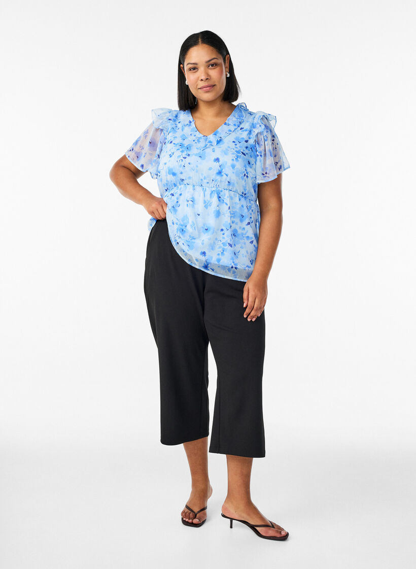 Blouse fleurie avec col &agrave; volants et effet peplum, Bleu, Model image number 1