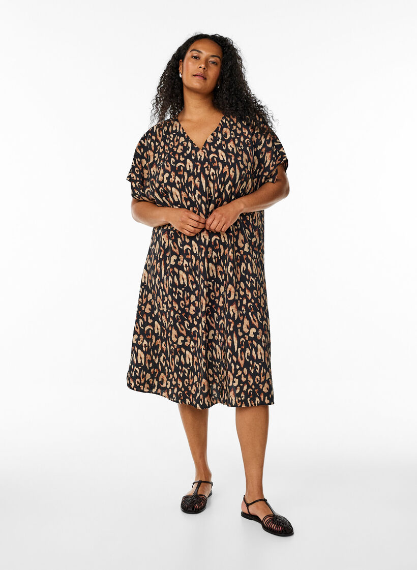 Robe &agrave; col en V en viscose, Noir, Model image number 1