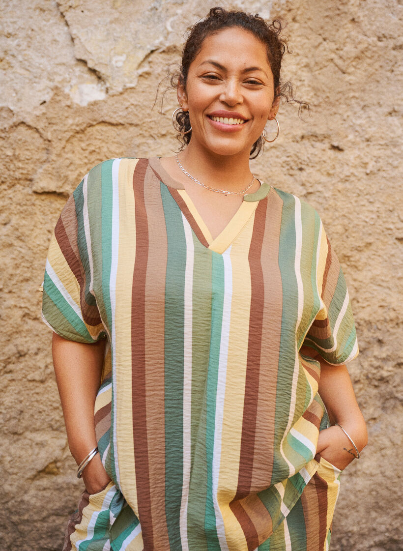 Gestreifte Viskose-Bluse mit kurzen &Auml;rmeln, Braun, Image image number 0