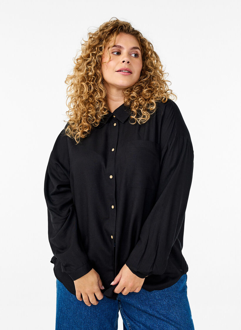 Lange Bluse aus Leinen und Viskose, Schwarz, Model image number 0