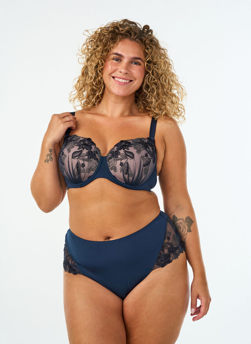Hipster-String mit gebl&uuml;mter Stickerei und normaler Taillenh&ouml;he, Blau, Model image number 0