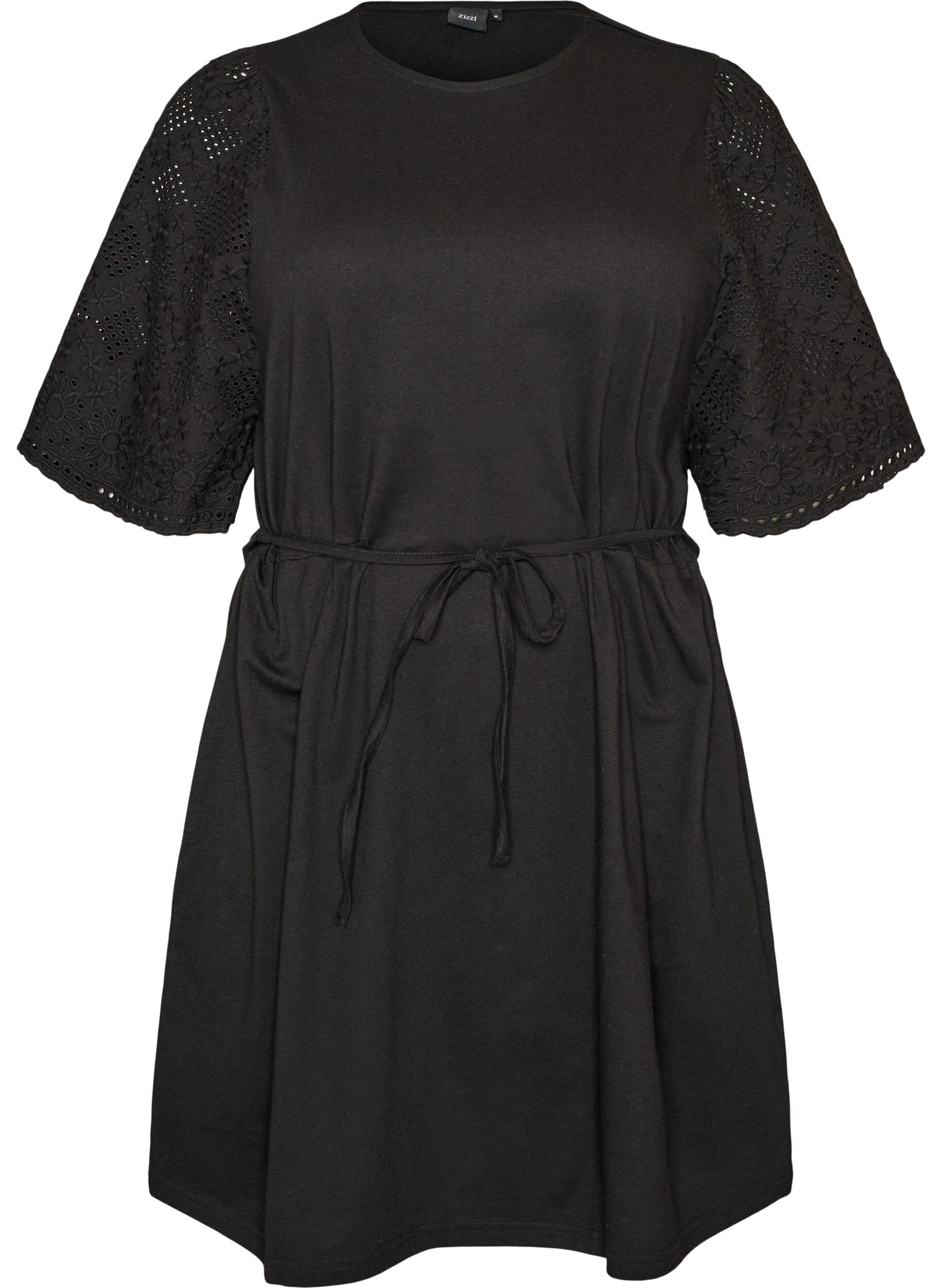 ZizziRobe en coton avec manches en broderie anglaise et ceinture &agrave; nouer, Noir, Packshot image number 0