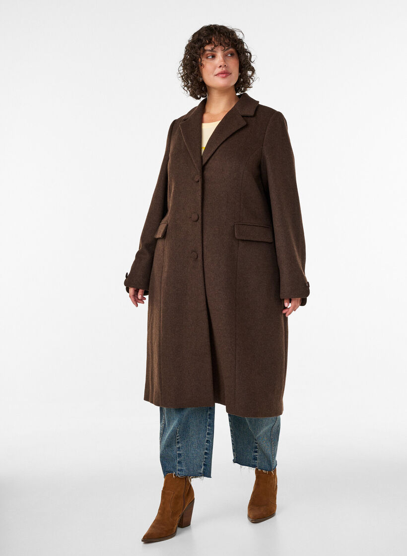 Mantel aus Wollmischung mit Revers und Kn&ouml;pfen, Braun, Model image number 0