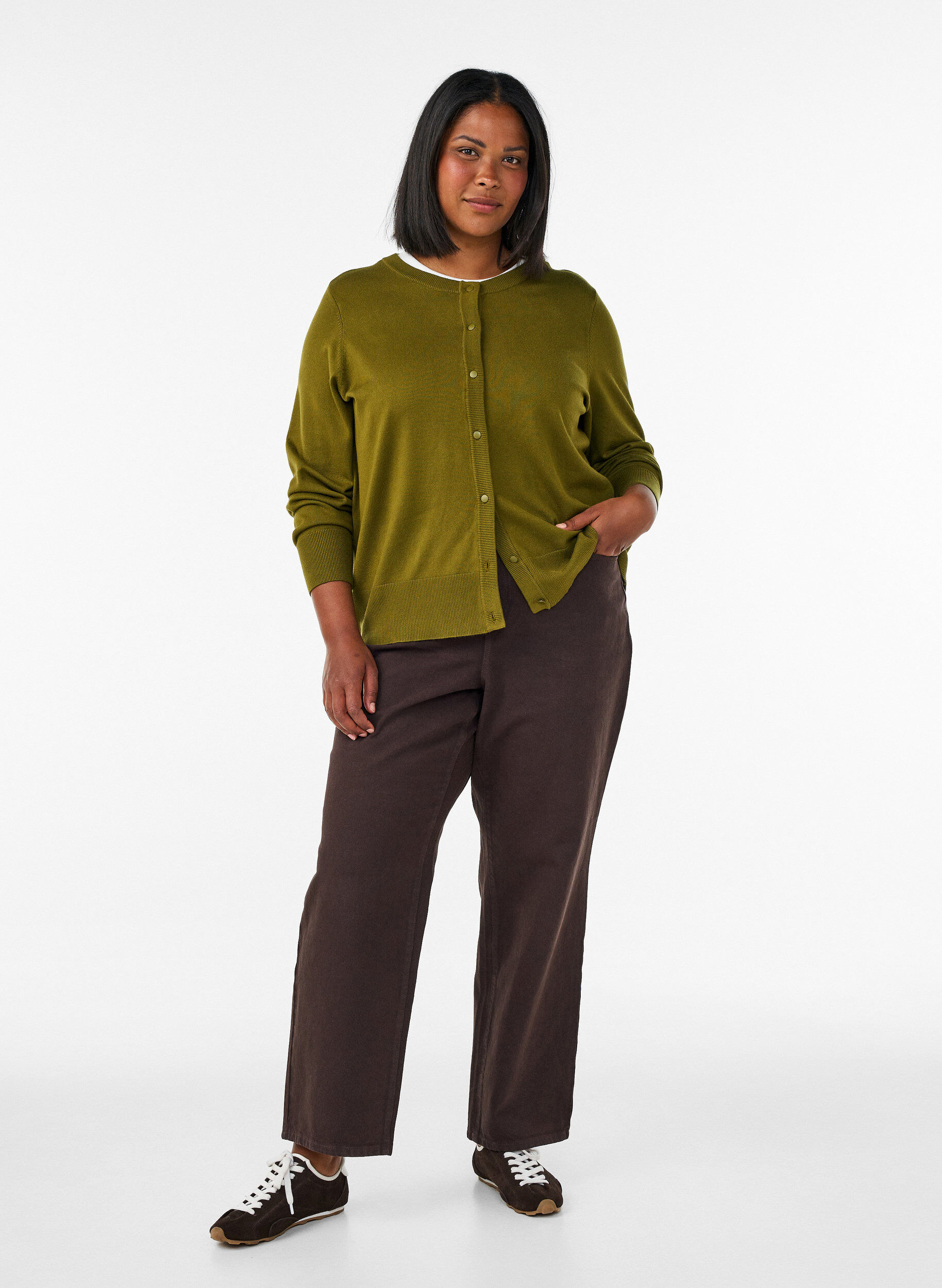 ZizziCardigan en tricot avec col rond et boutons, Vert clair, Model image number 1