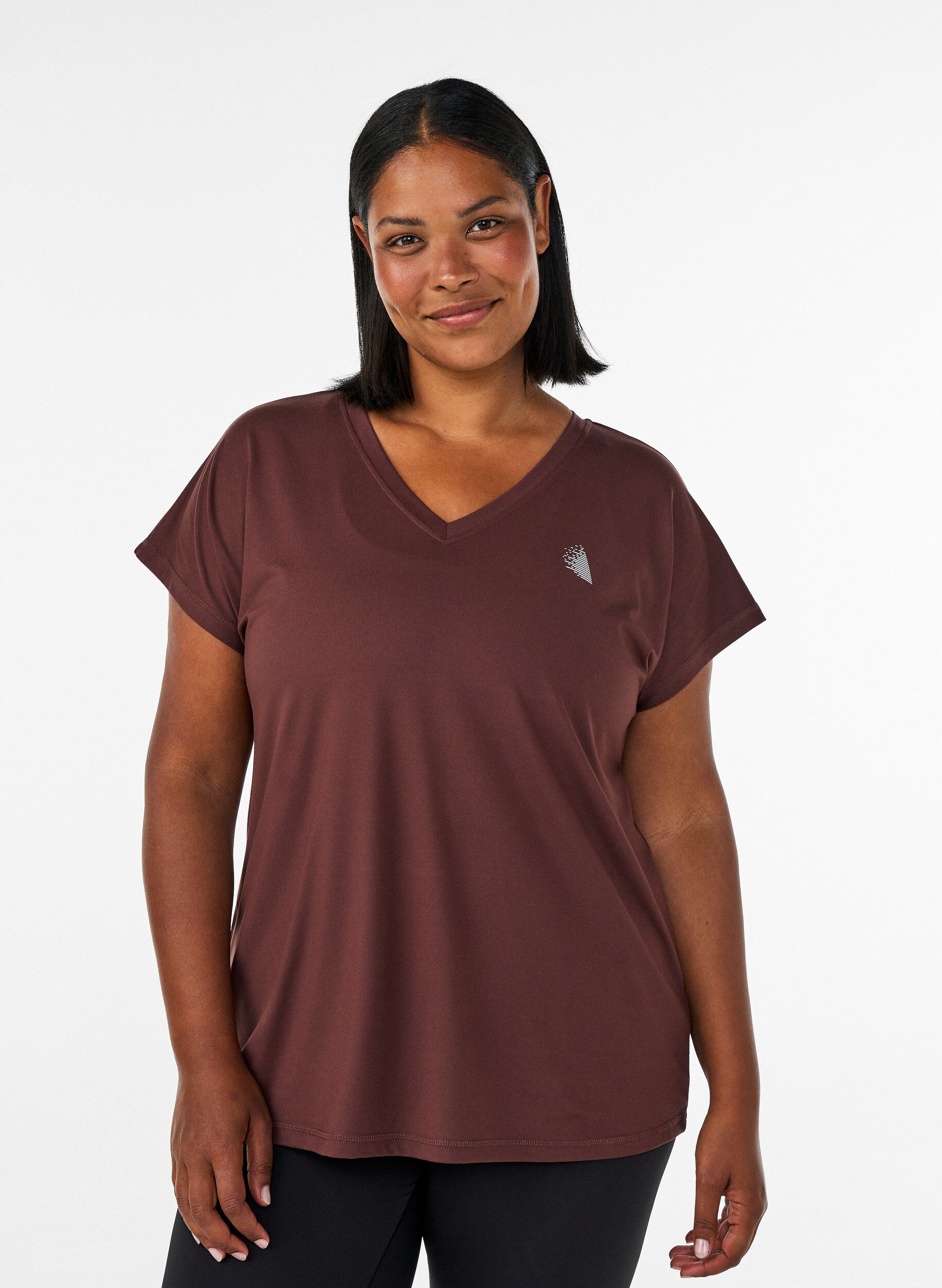 Lockeres Trainings-T-Shirt mit V-Ausschnitt, Braun, Model