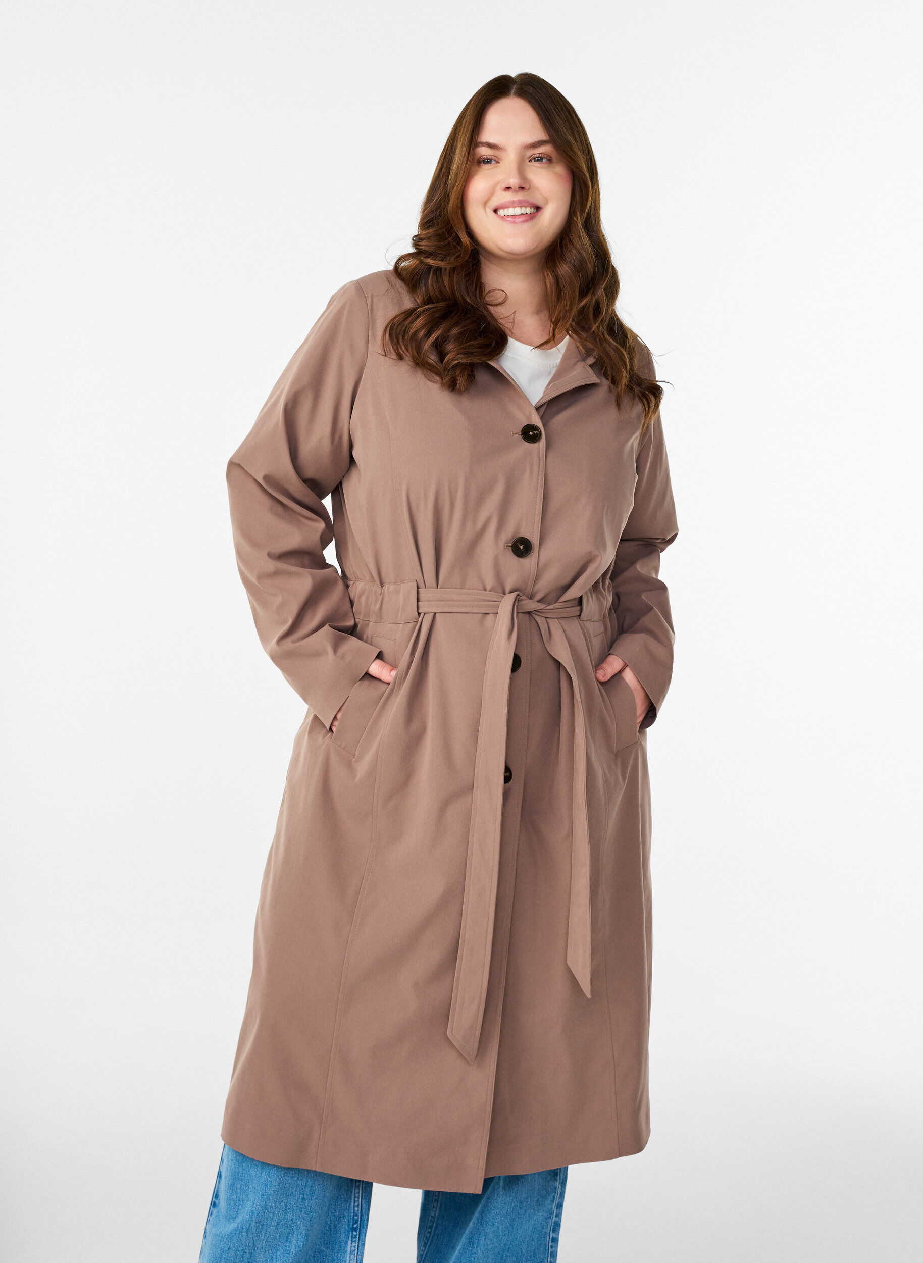 Zizzi Trenchcoat mit Kapuze und Bindeg&uuml;rtel, Braun, Model image number 0
