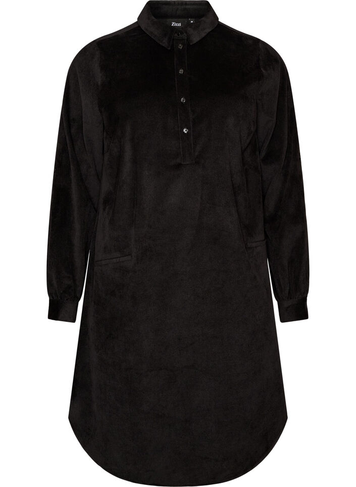 Robe chemise en velours c&ocirc;tel&eacute; avec col et fermeture boutonn&eacute;e, Noir, Packshot image number 0