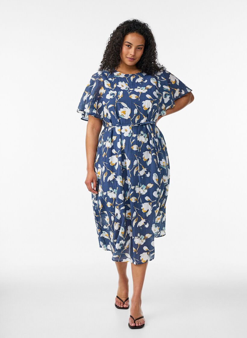 Robe longue avec manches papillon et taille &agrave; nouer, Bleu, Model image number 0