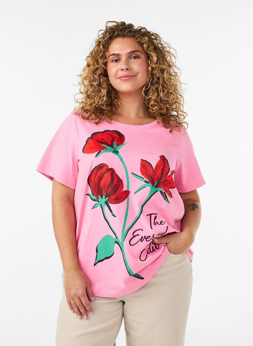 T-shirt en coton avec imprim&eacute; devant, Rose, Model image number 0