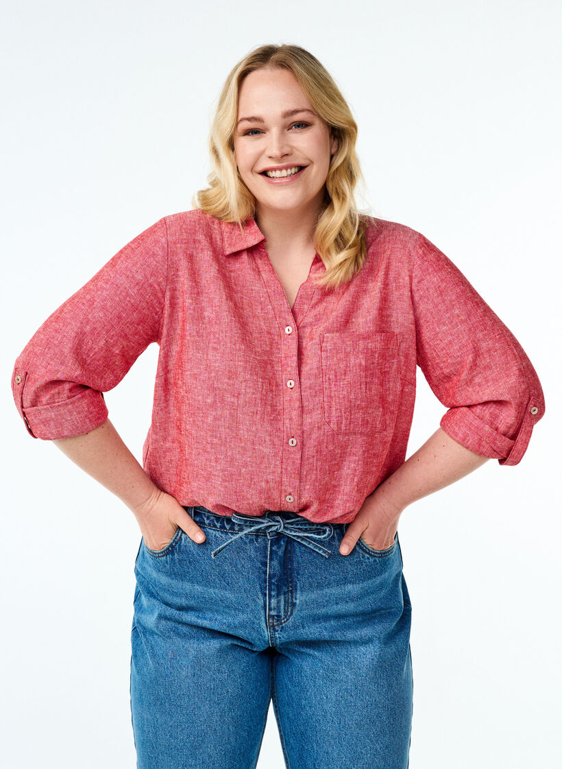 Bluse aus Leinen und Viskose mit 3/4-&Auml;rmeln, Rot, Model image number 0