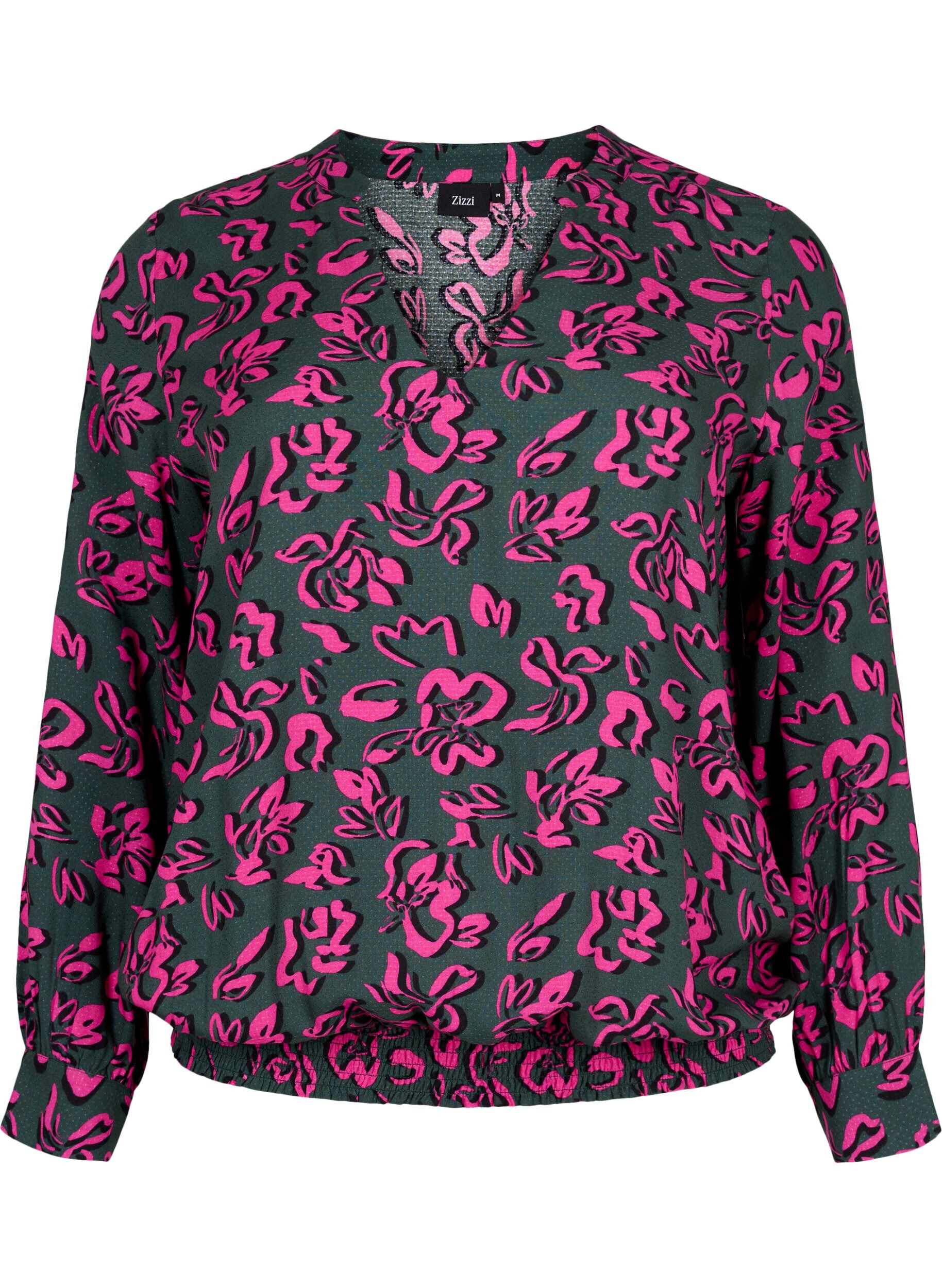 Zizzi Blouse &agrave; manches longues en viscose avec smocks, Deep Forest AOP, Packshot image number 0