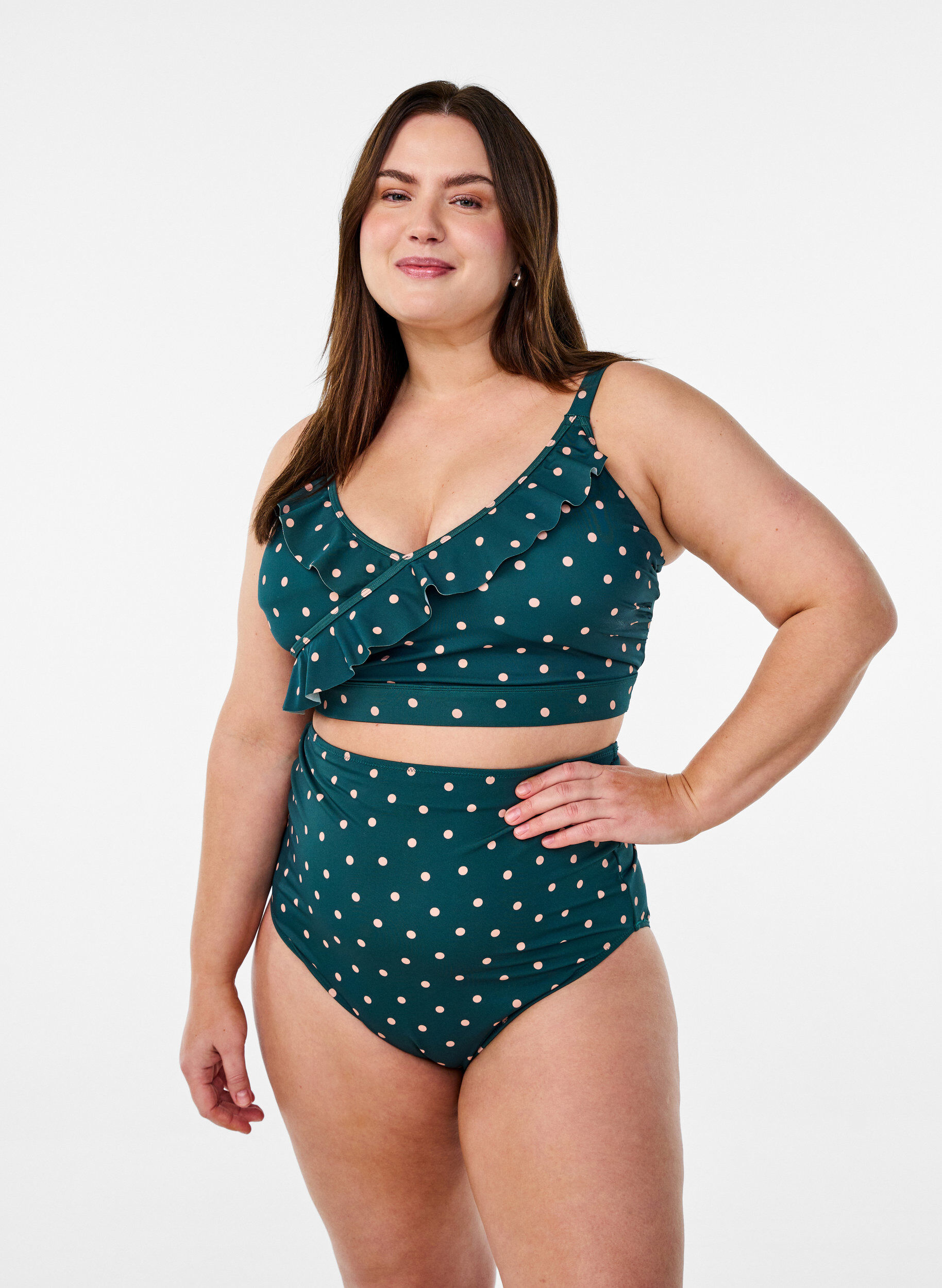 Zizzi Haut de bikini &agrave; fleurs et &agrave; d&eacute;tails de jabot, Vert fonc&eacute;, Image image number 0