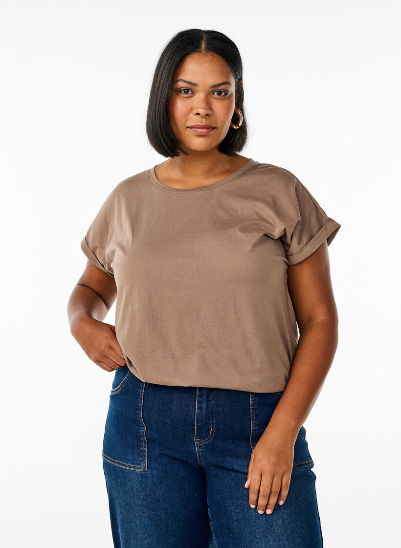 T-shirt &agrave; manches courtes en m&eacute;lange de coton, Marron, Model image number 0