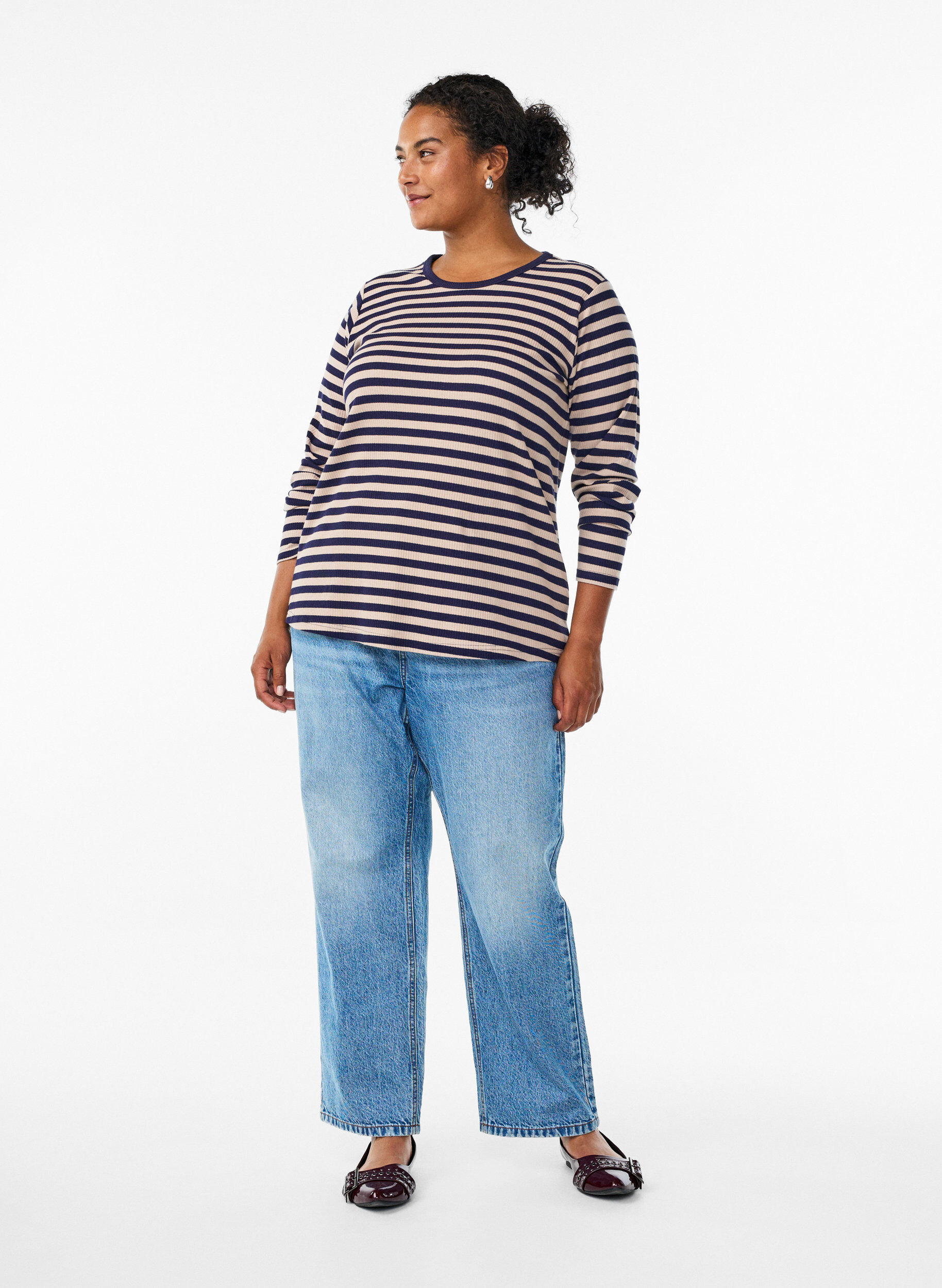 Zizzi Gestreifte Bluse mit langen &Auml;rmeln, Beige, Model image number 1