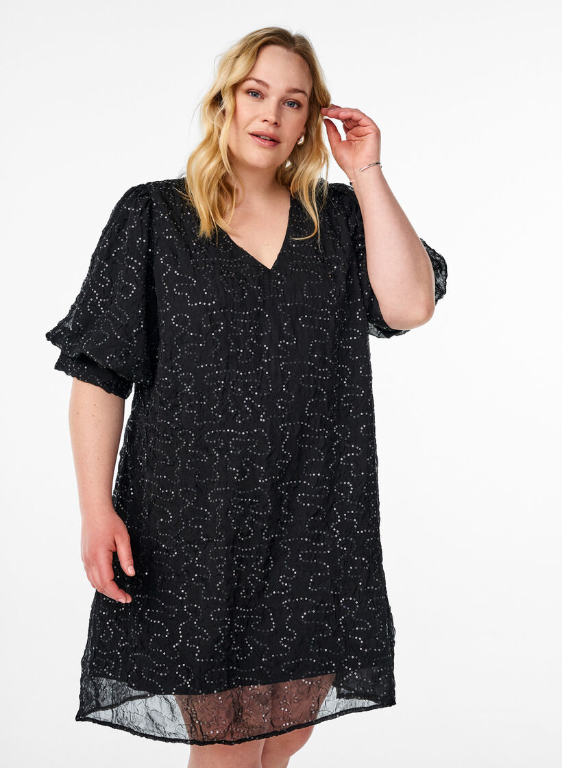 Kurzes Festkleid mit Pailletten, Schwarz, Model image number 0