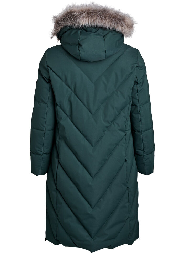 Long manteau d'hiver &agrave; fermeture &agrave; attaches et col en fausse fourrure, Vert fonc&eacute;, Packshot image number 1