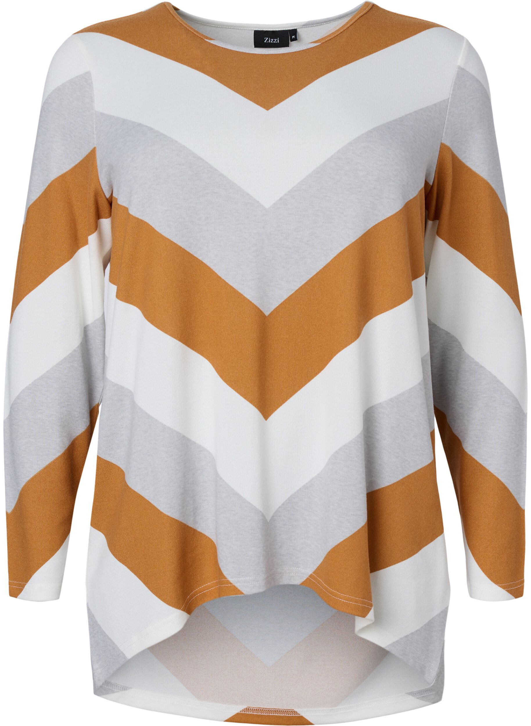 Zizzi Gemusterte Bluse mit langen &Auml;rmeln, Beige Zig Zag, Packshot image number 0