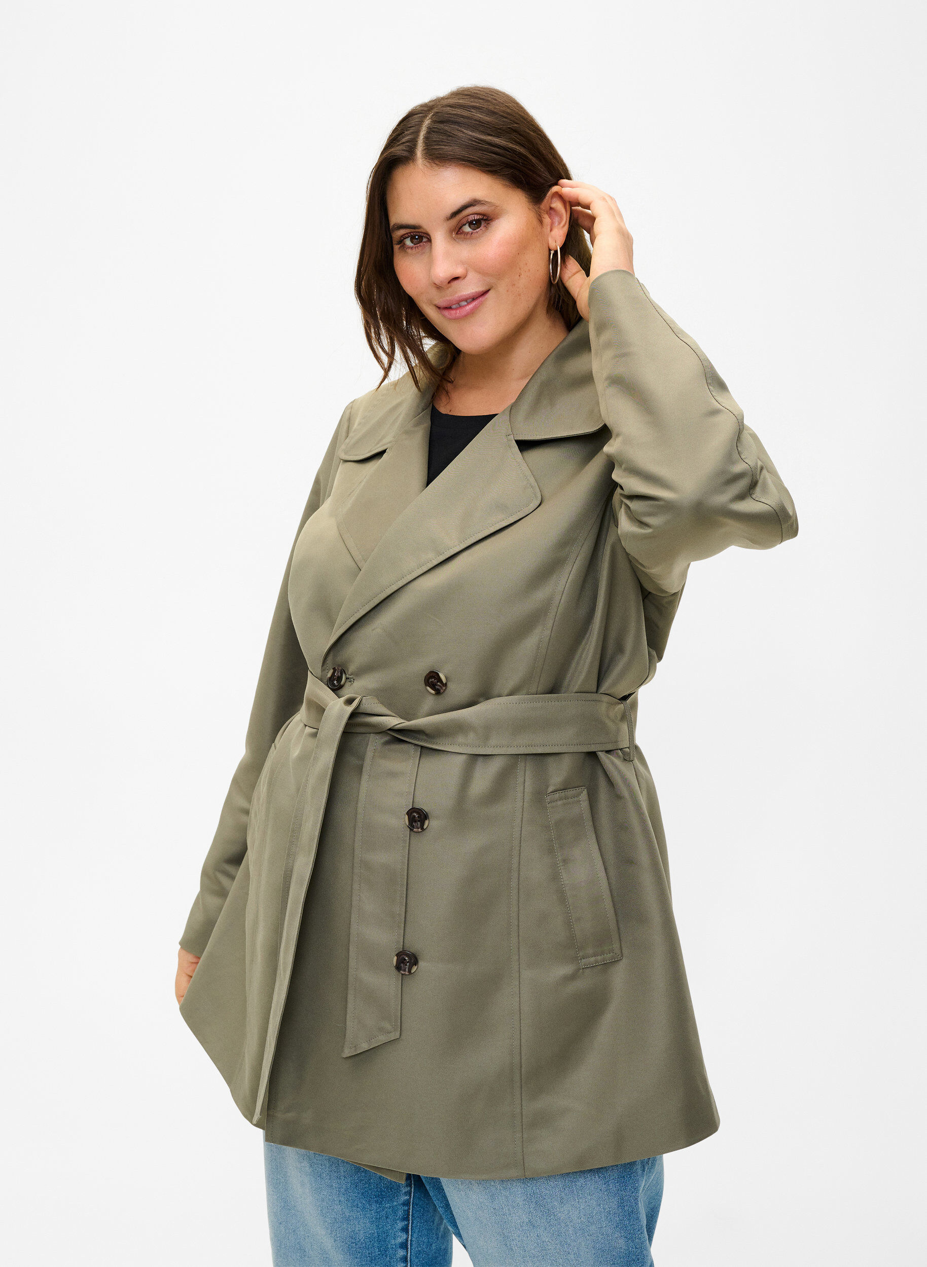 Zizzi Kurzer Trenchcoat mit G&uuml;rtel, Gr&uuml;n, Model image number 0