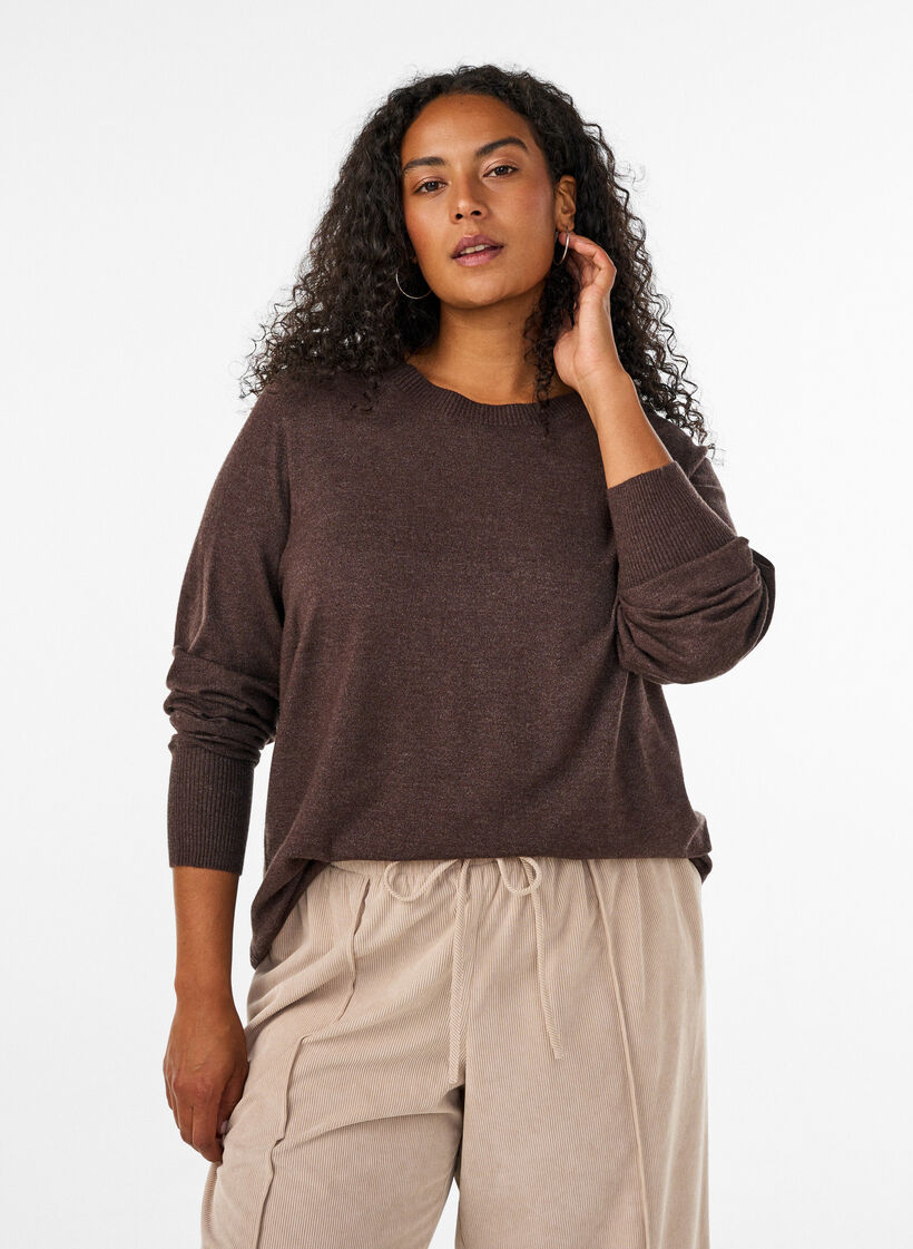 Strickbluse mit Rundhalsausschnitt, Braun, Model image number 0