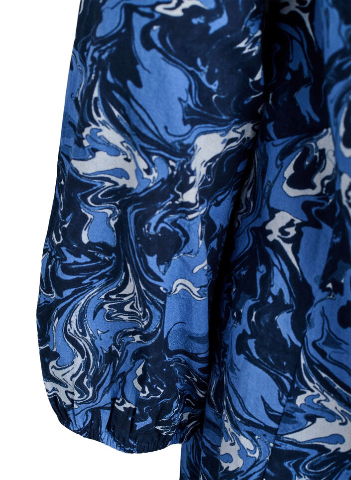 Kurzes Baumwollkleid mit Gummisaum und langen &Auml;rmeln, Blau, Packshot image number 3