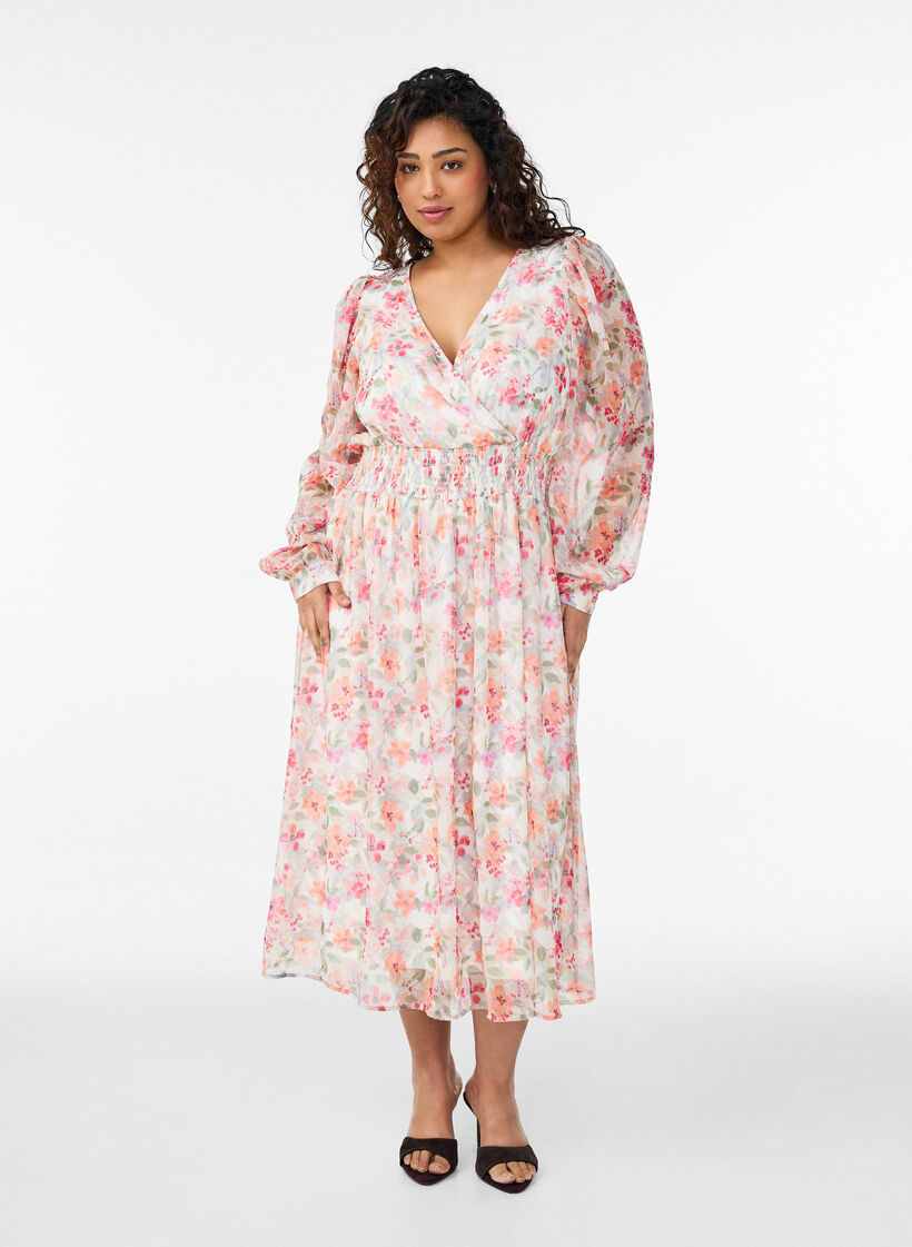 Gebl&uuml;mtes Midikleid mit Wickeloptik und Smock, Orange, Model image number 0