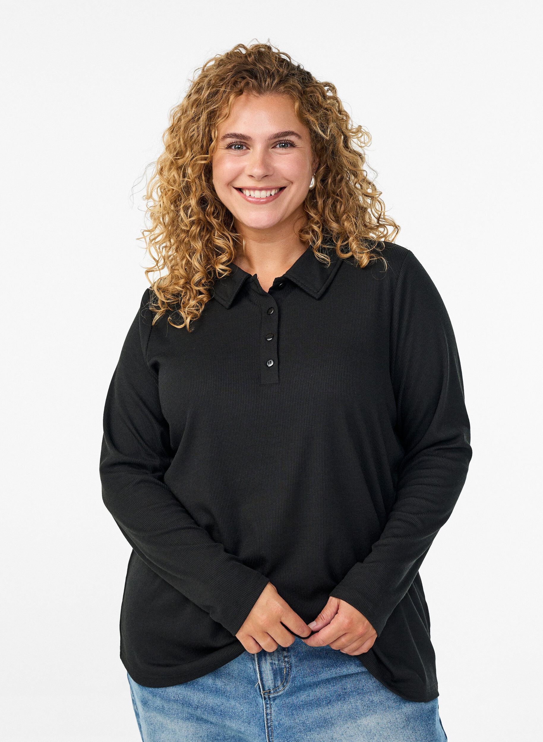 Zizzi Lang&auml;rmliges Poloshirt aus dehnbarem Rippmaterial, Schwarz, Model image number 0