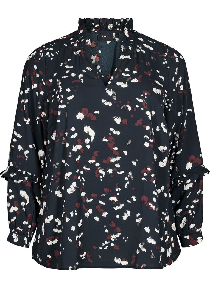 Bluse mit Print und Rüschendetails, Schwarz, Packshot image number 0