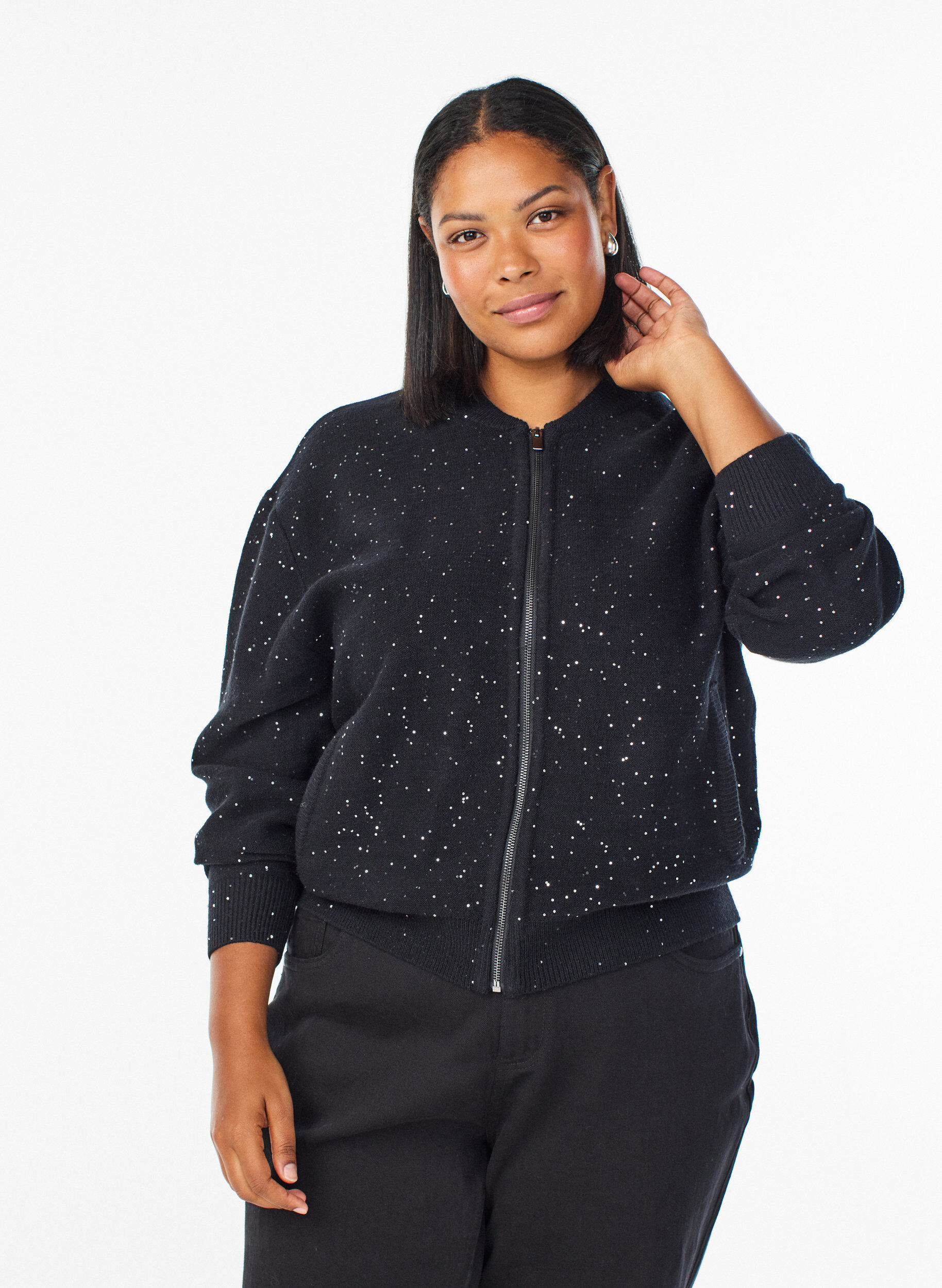Zizzi Cardigan avec zip et paillettes, Noir, Model image number 0
