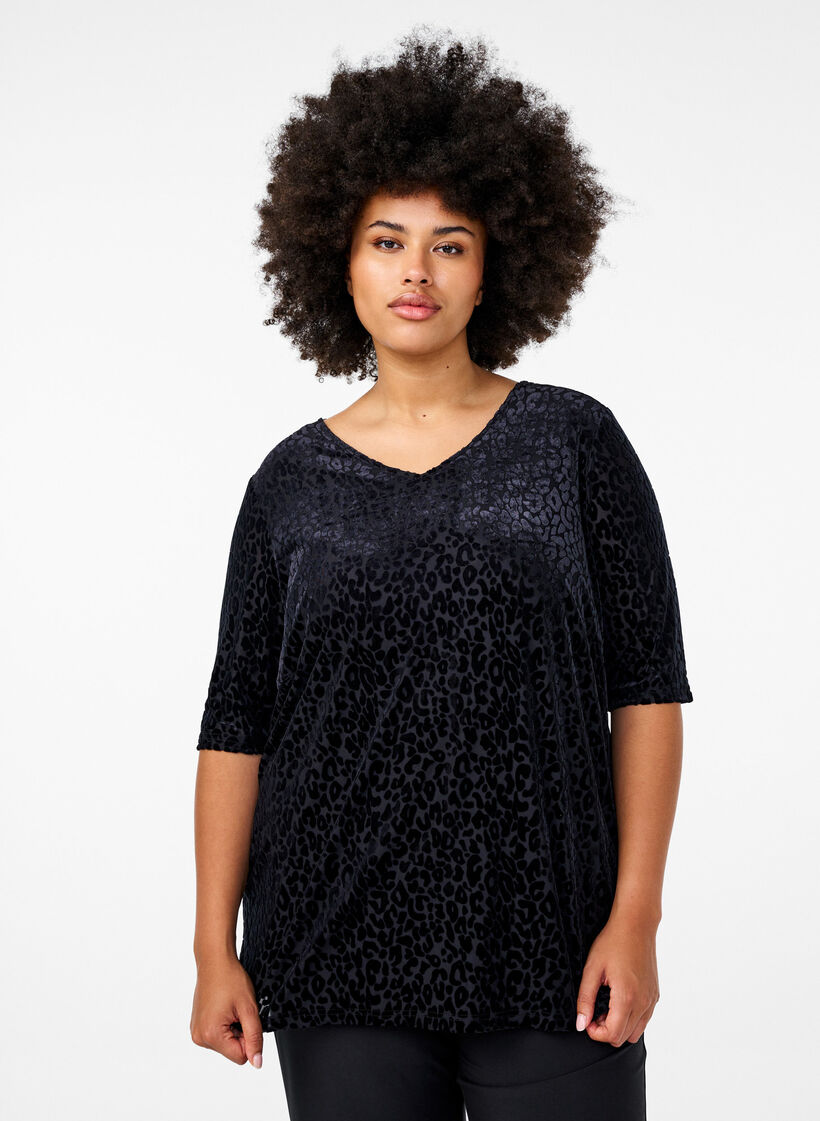 Bluse mit kurzen Ärmeln und Leopardenmuster, Schwarz, Model image number 0
