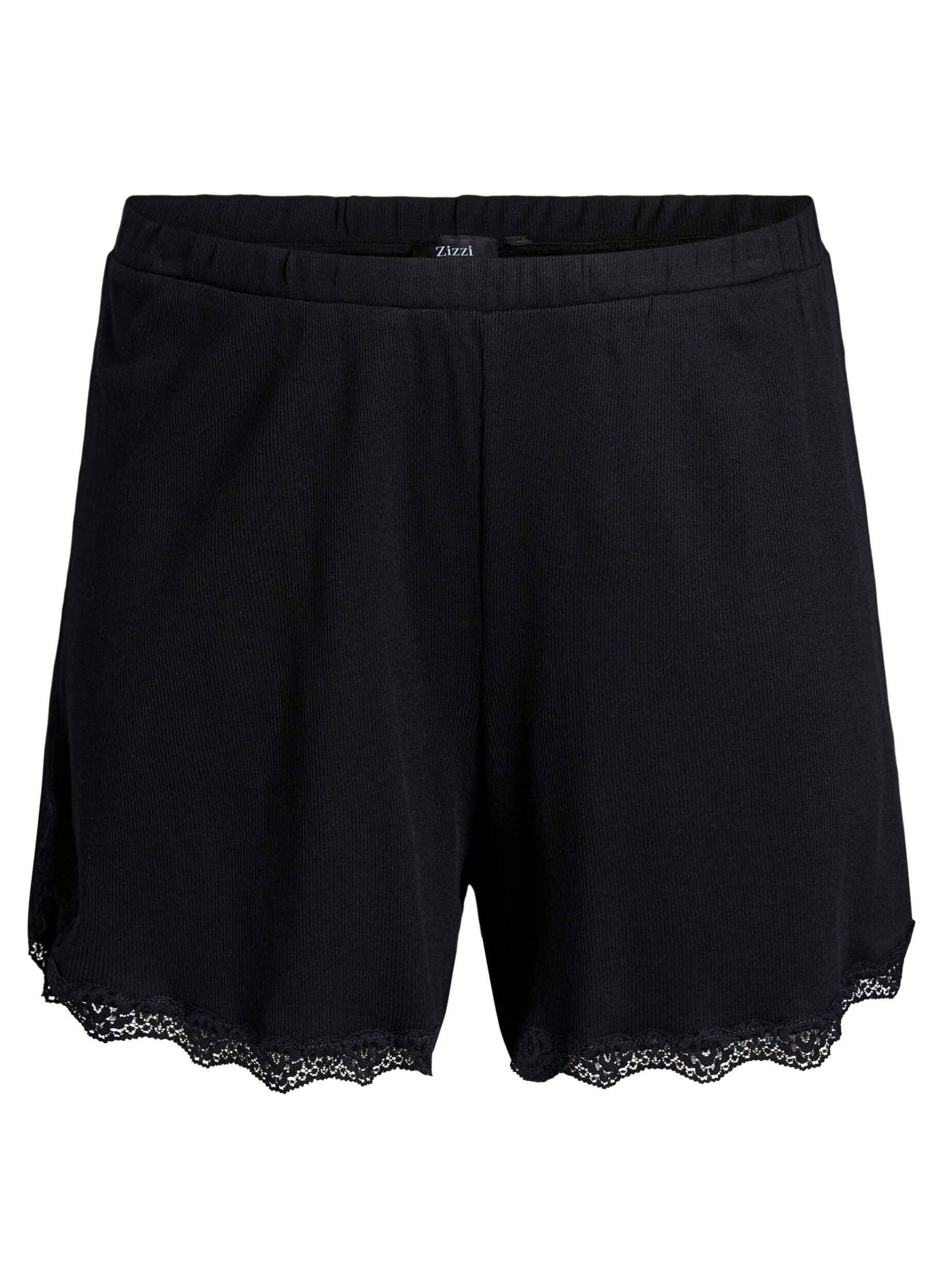ZizziLockere Nachtshorts aus geripptem Material mit Spitzensaum, Schwarz, Packshot image number 0