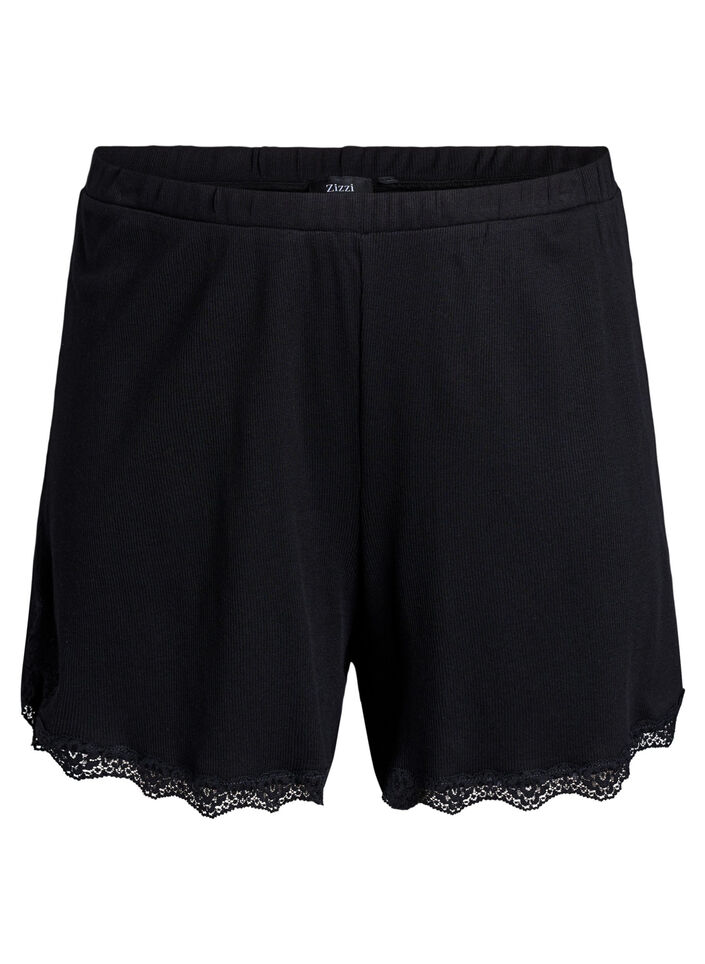 Lockere Nachtshorts aus geripptem Material mit Spitzensaum, Schwarz, Packshot image number 0