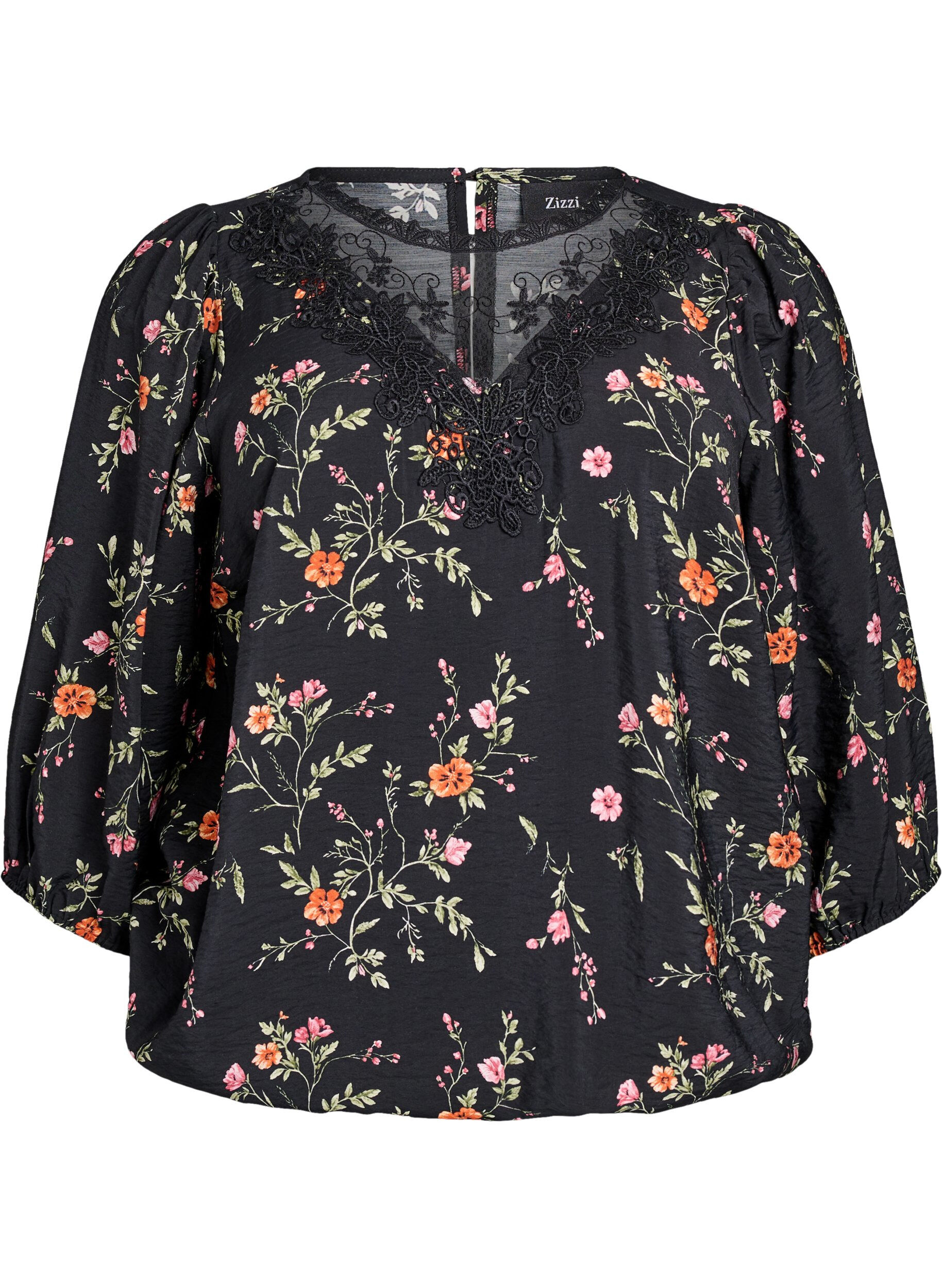 Zizzi Bluse aus Spitze mit 3/4-&Auml;rmeln, Schwarz, Packshot image number 0