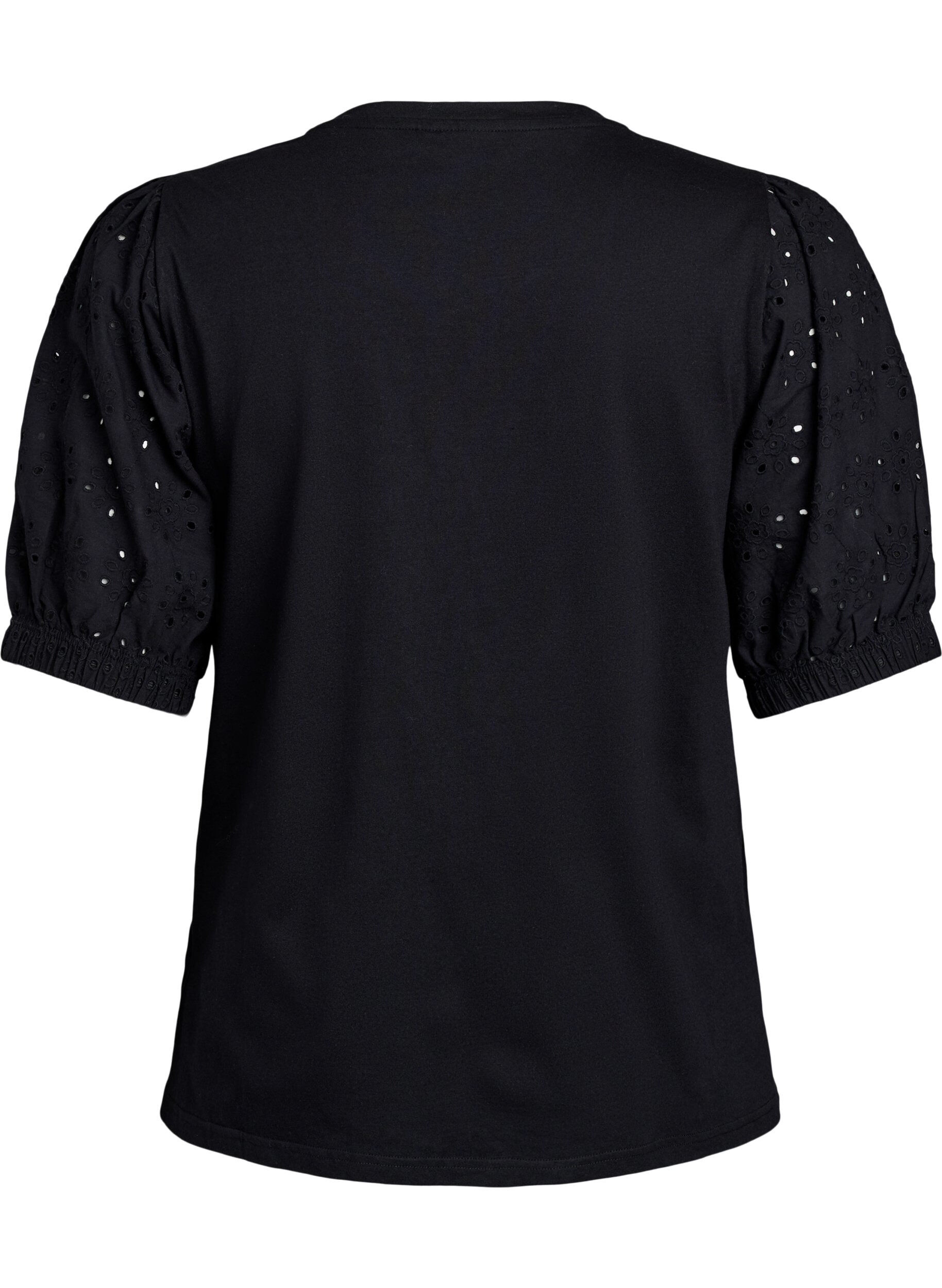 Zizzi T-Shirt mit &Auml;rmeln in Broderie Anglaise, Schwarz, Packshot image number 1