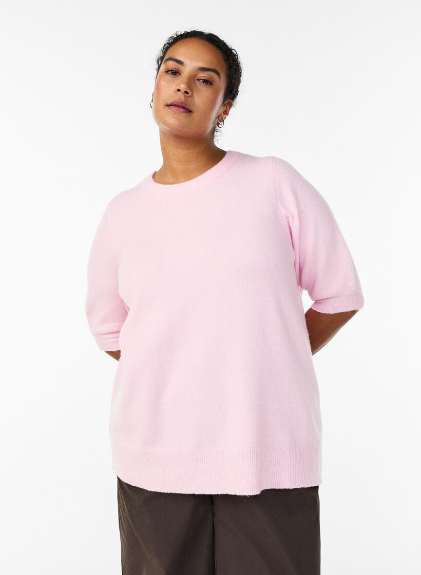 Bluse aus Strick mit kurzen Ärmeln, Pink, Model