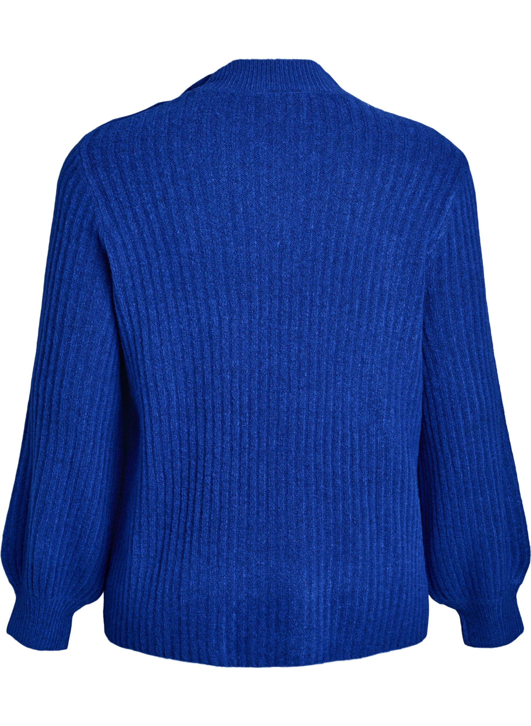 Zizzi Pullover aus Rippstrick mit Puff&auml;rmeln und Kn&ouml;pfen, Blau, Packshot image number 1