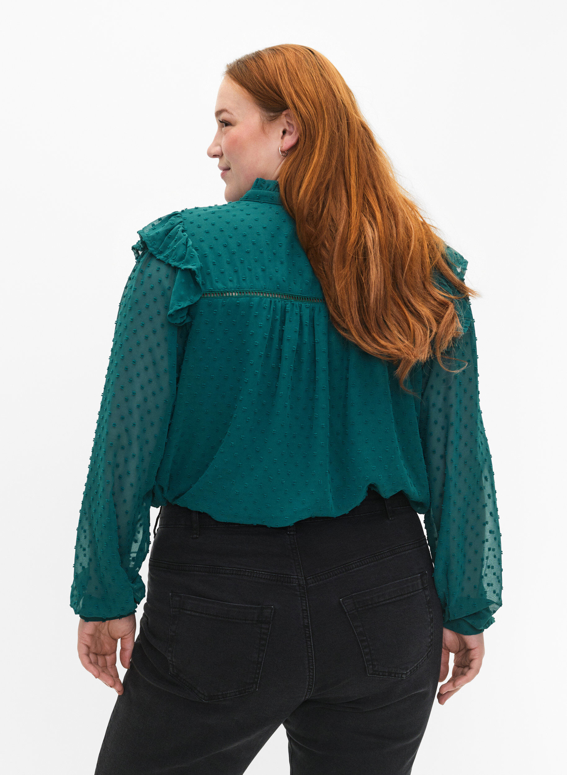 Zizzi  Hemdbluse mit R&uuml;schen und Punktstruktur, Shaded Spruce, Model image number 1