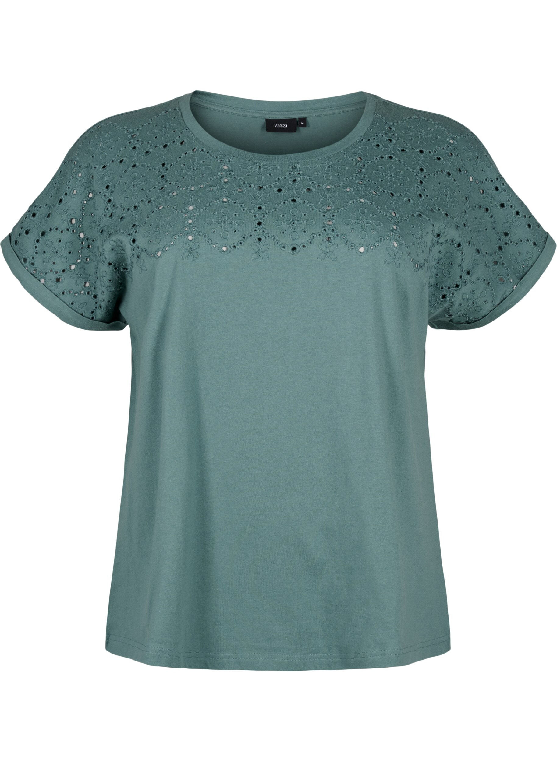 Zizzi T-shirt en coton biologique avec broderie anglaise, Sea Pine, Packshot image number 0