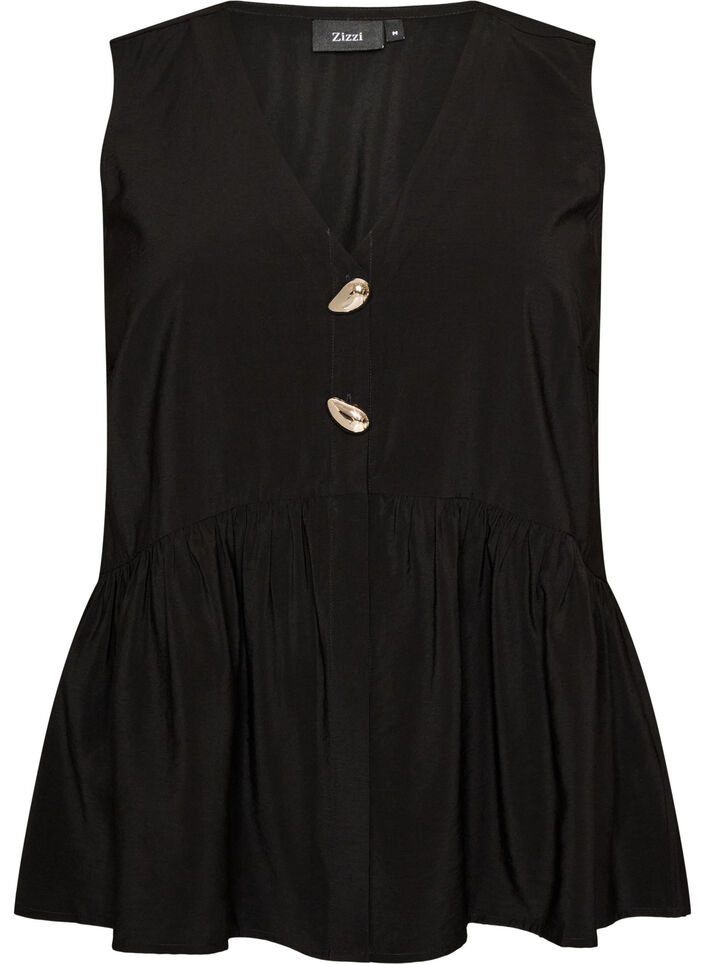 Blouse p&eacute;plum sans manches avec boutons d&eacute;coratifs, Noir, Packshot image number 0