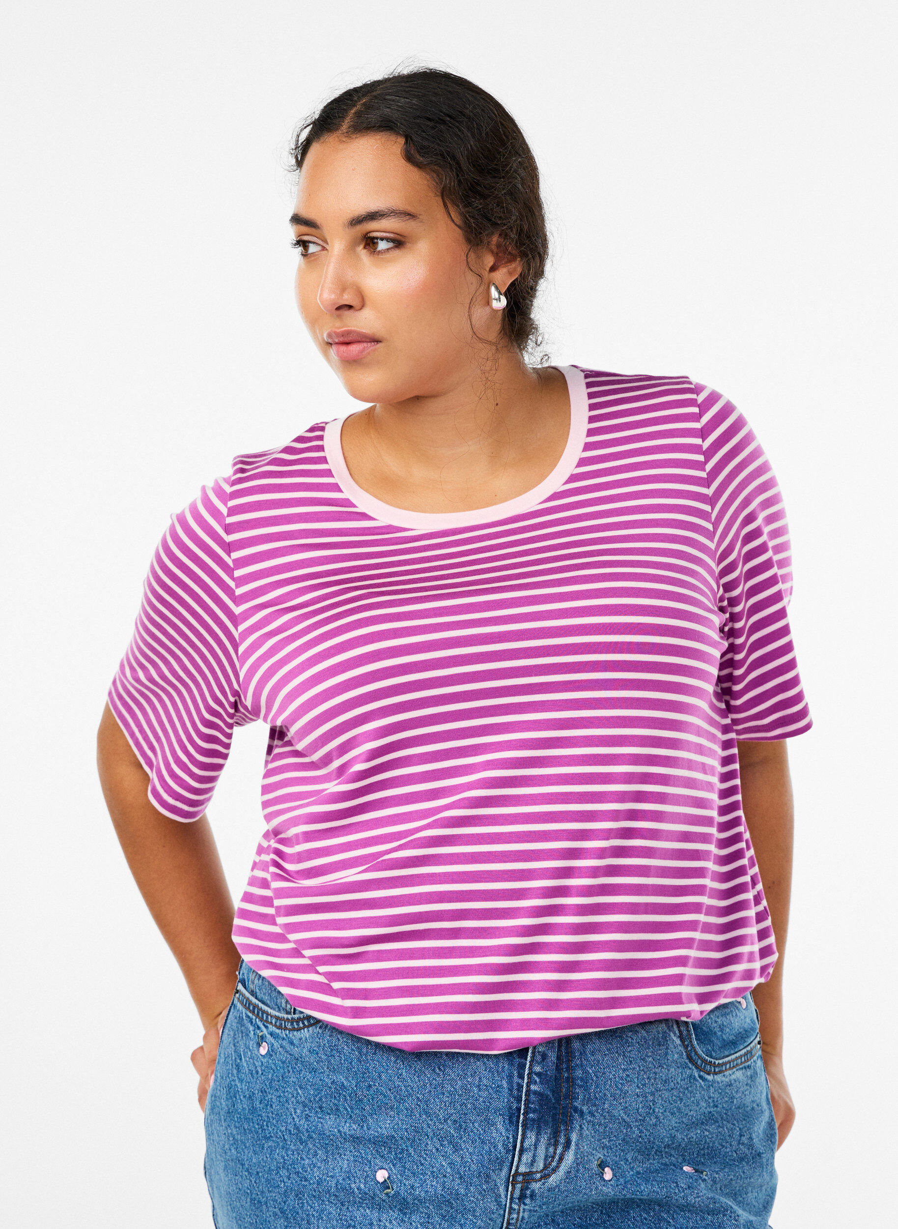 T-shirt en TENCEL&trade; Lyocell &agrave; rayures, Violet, Model