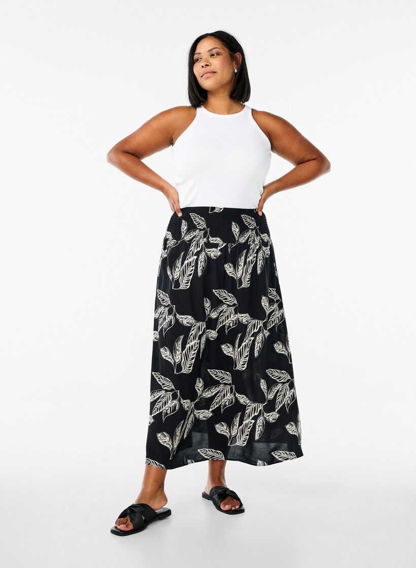 Jupe longue en viscose avec smocks, Noir, Model image number 0