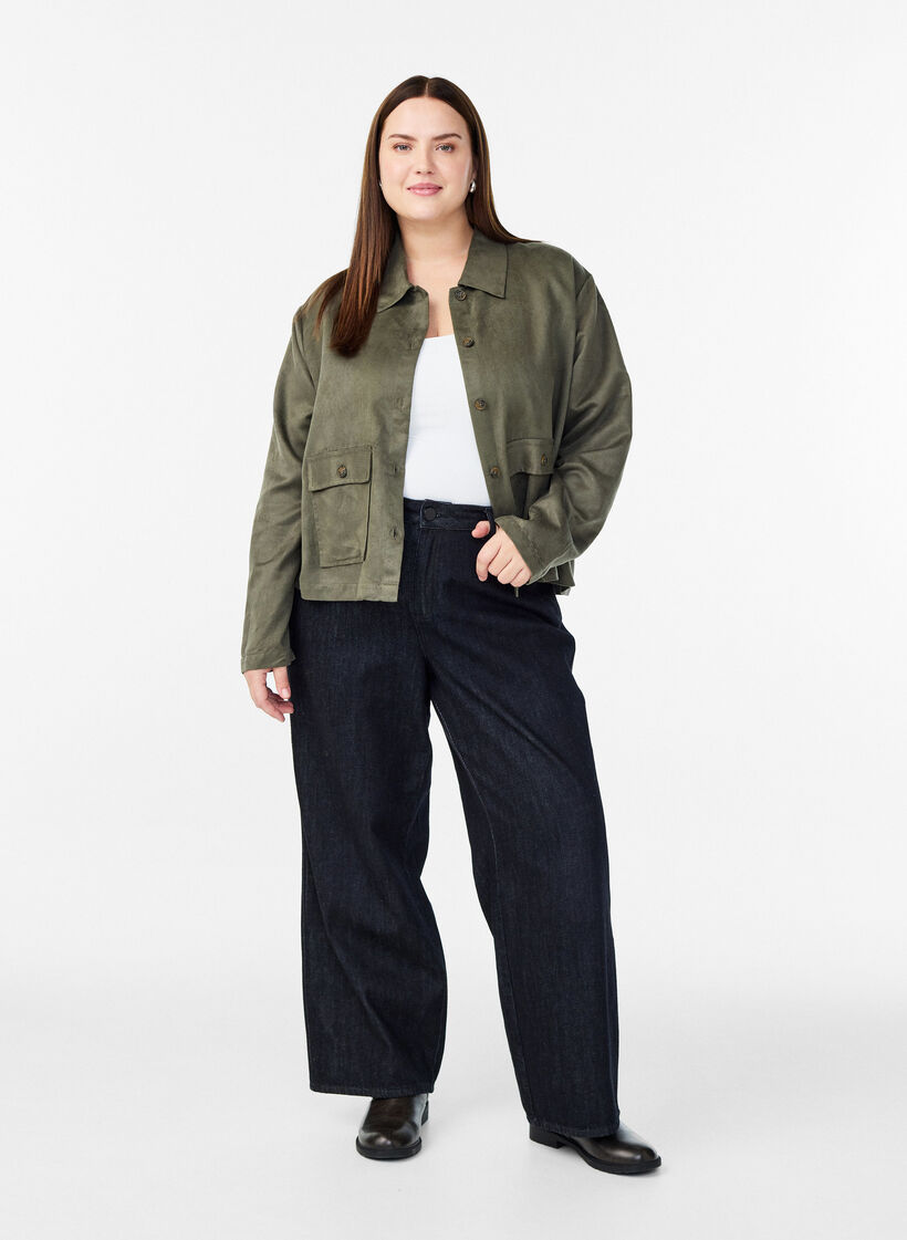 Kurze Jacke aus Wildlederimitat mit Taschen, Grün, Model image number 1