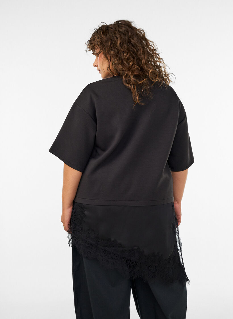 Jerseybluse im Lagenlook mit Spitze, Schwarz, Model image number 2
