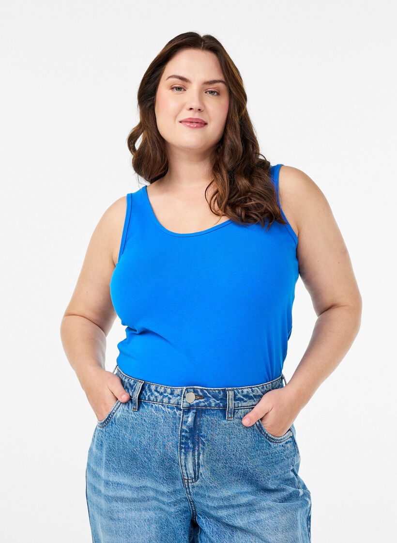 Solide Farbe Grundoberteil aus Baumwolle, Blau, Model image number 0