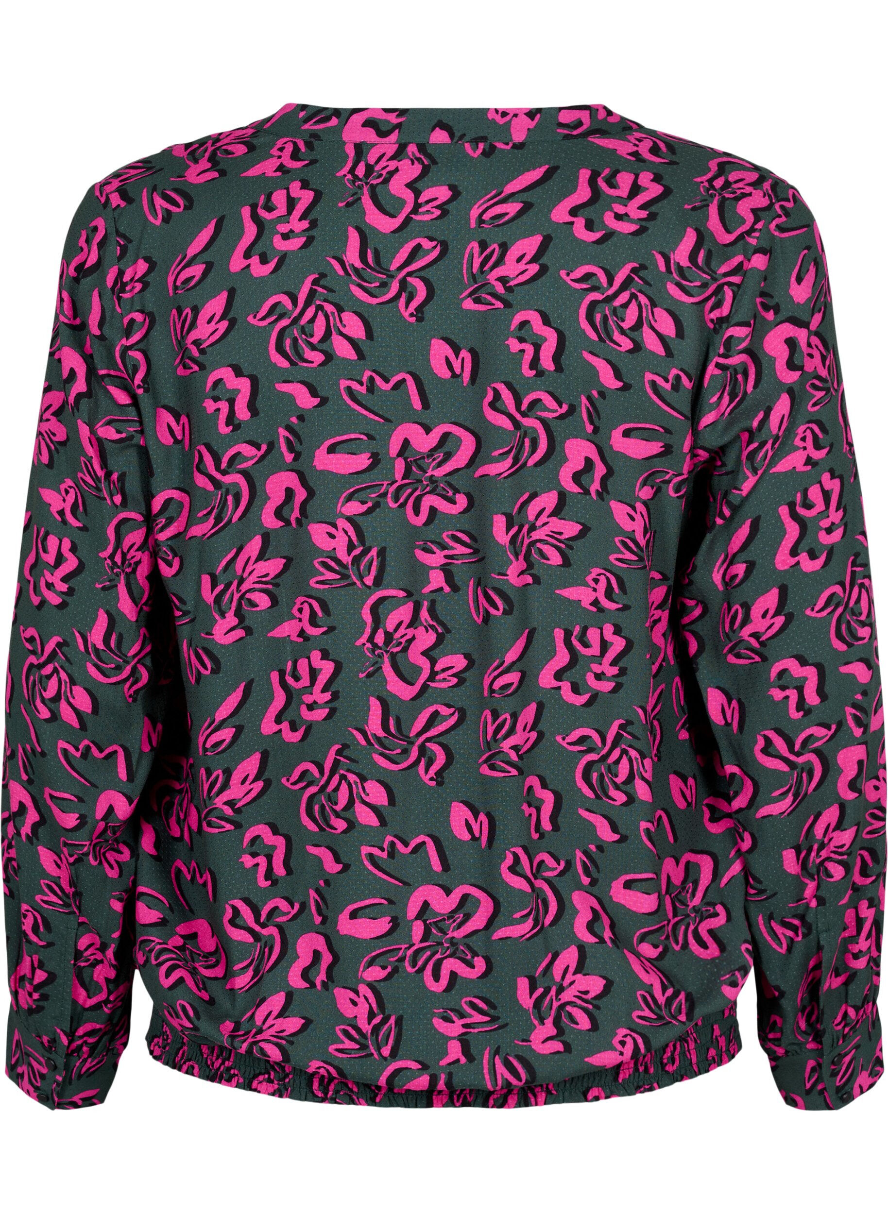 Zizzi Blouse &agrave; manches longues en viscose avec smocks, Deep Forest AOP, Packshot image number 1