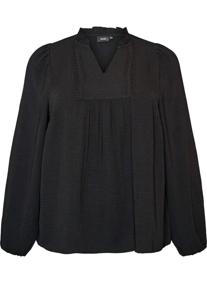 Blouse avec col en V et bande en crochet, Noir, Packshot image number 0