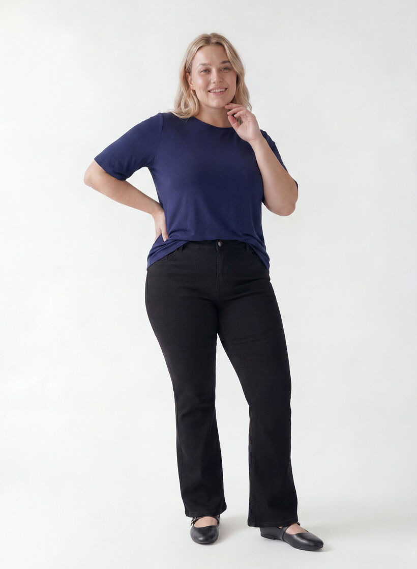 Kurz&auml;rmelige, gewebte Bluse mit Rundhals, Blau, Model image number 1
