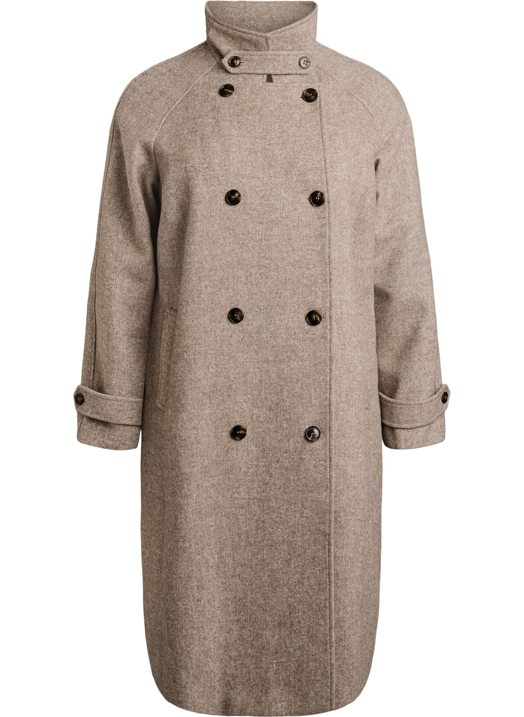 Manteau long en laine &agrave; col montant et double boutonnage