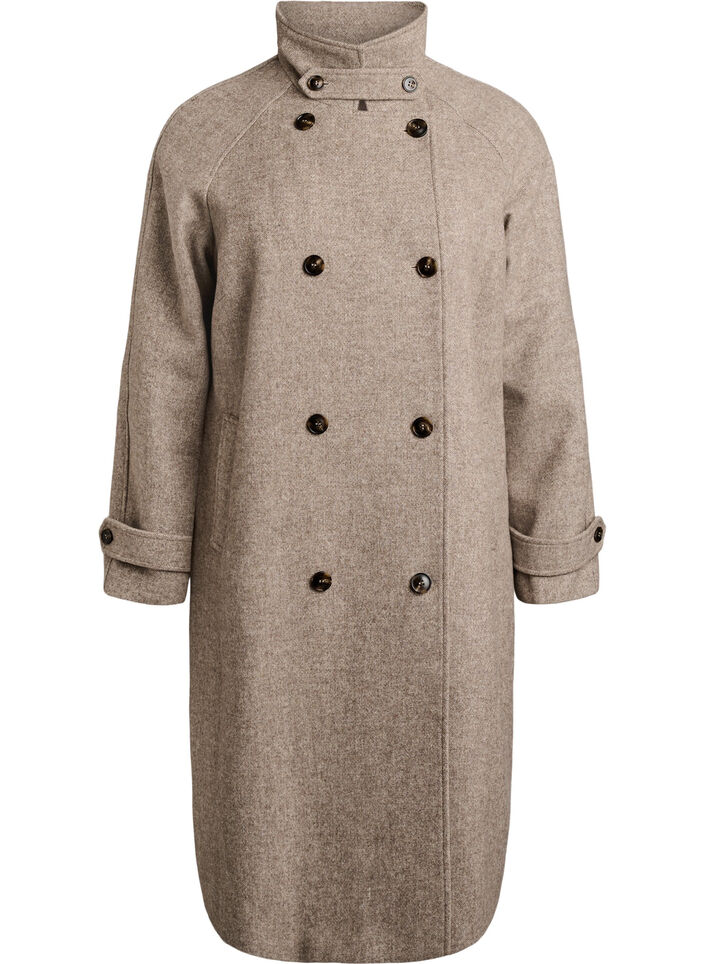Manteau long en laine &agrave; col montant et double boutonnage, Marron, Packshot image number 0