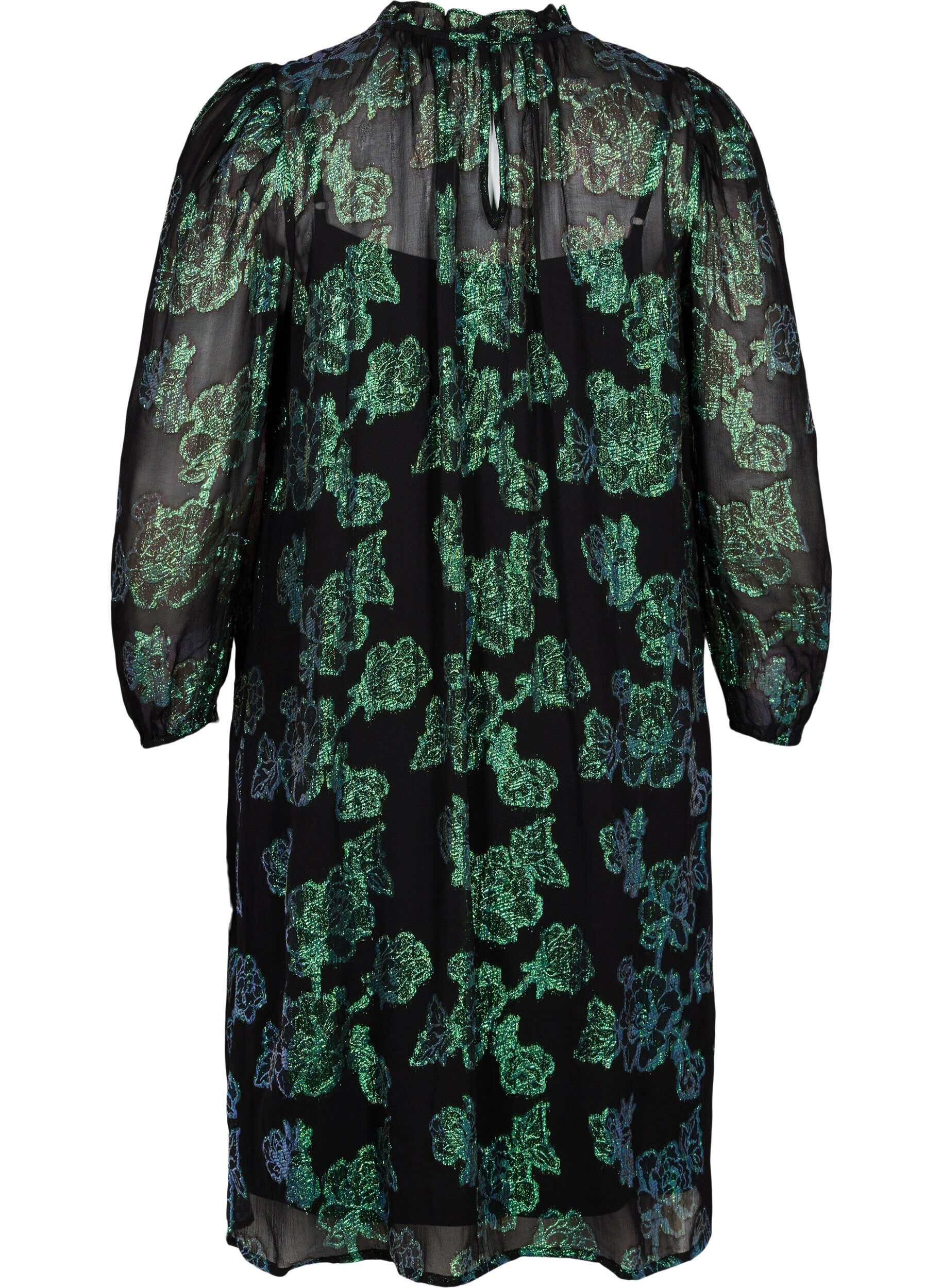 Zizzi Robe en viscose &agrave; fleurs avec structure en lurex, Black w. Green Lurex, Packshot image number 1